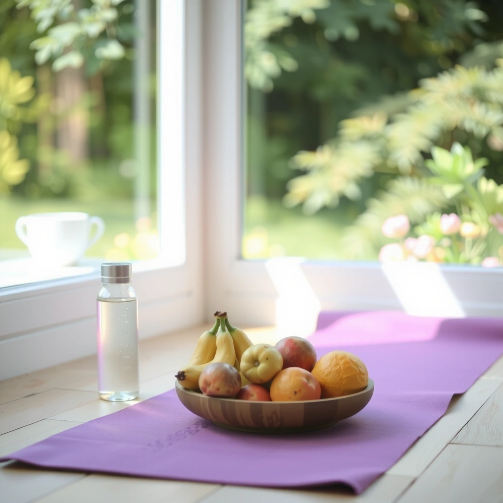 A serene morning wellness routine with yoga mat, fresh fruits, water bottle, and natural lighting symbolizing healthy lifestyle habits
